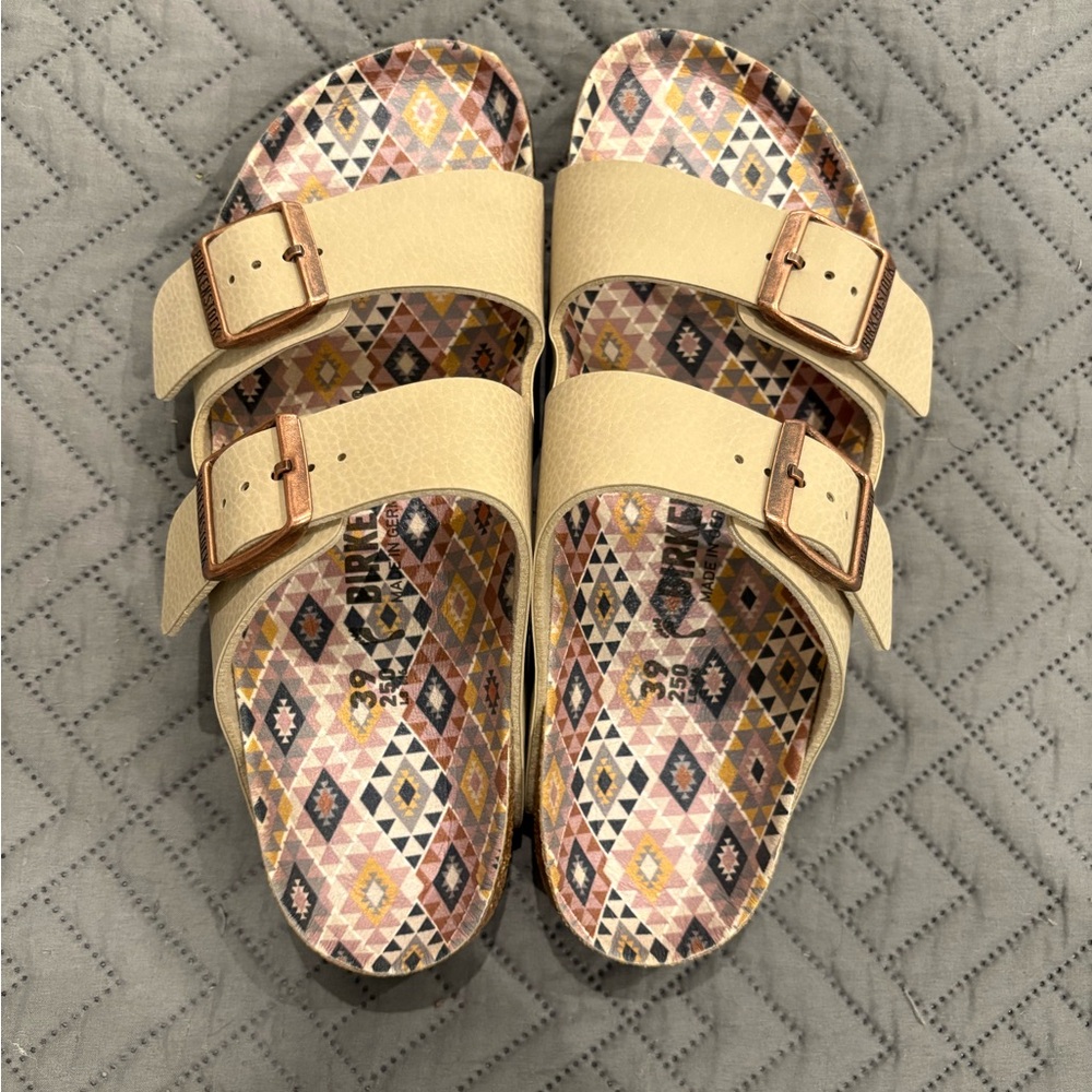 Brand New Birkenstock Cream Sandals with Geometric Pattern - Size 39
